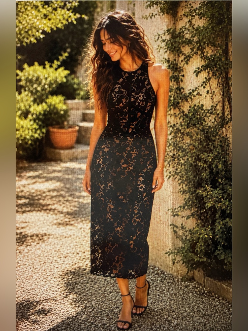 Anthropologie Black Floral Lace Nude Lined Midi Dress XS